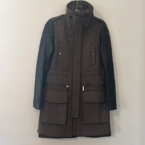 Ashley B Funnel Neck Winter Coat Wool Leather Designer Brown Womens Small